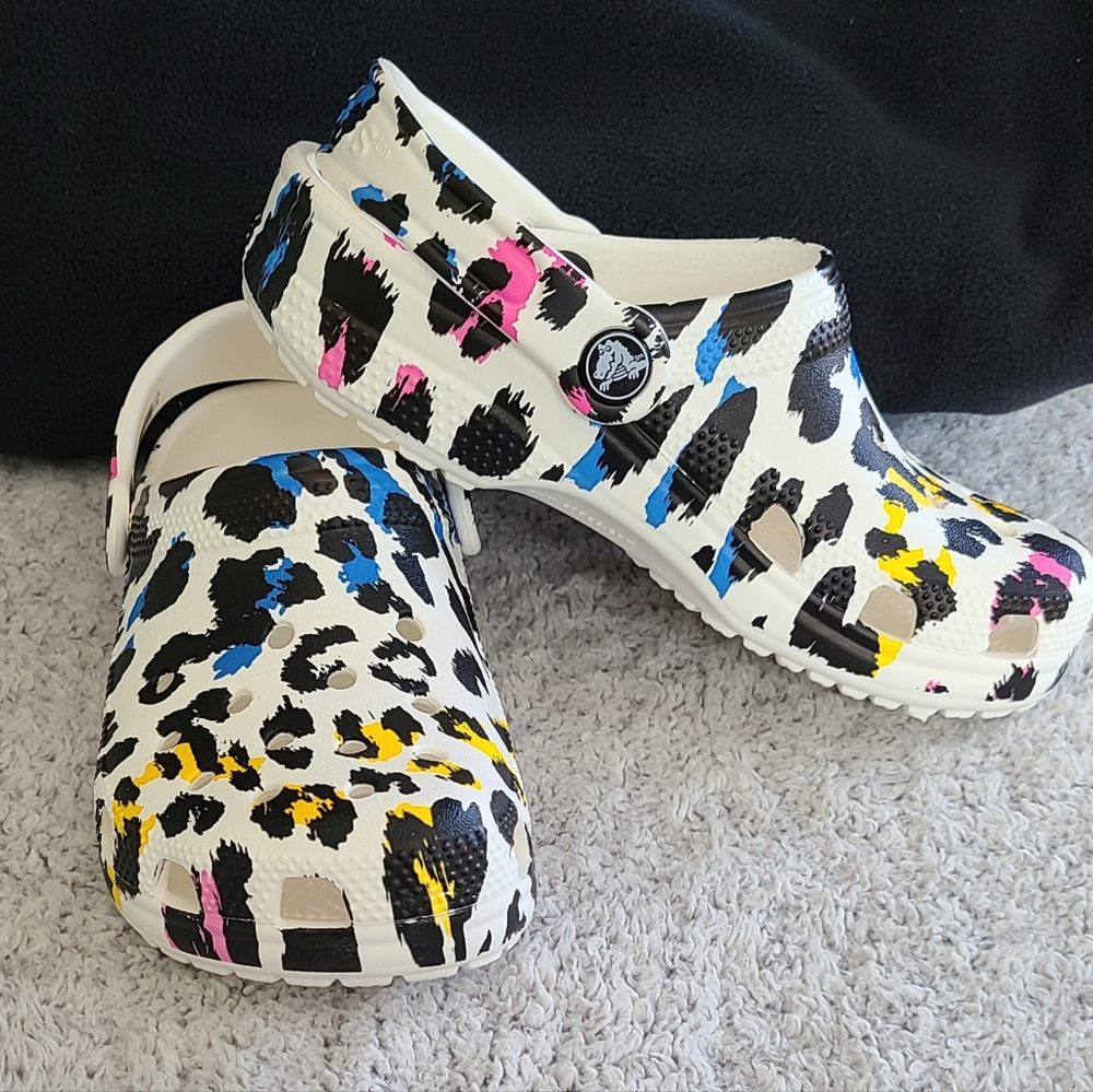 NWOT- Multi Color Zebra Crocs